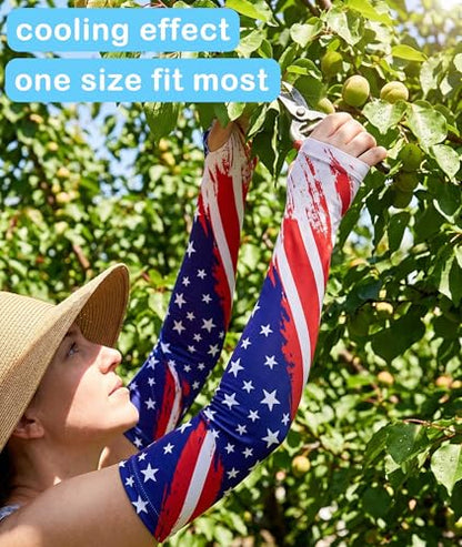 Aueyan Arm Sleeves for Men Women,Cooling Sleeves with Thumb Holes,Funny Sun Protection Arms Cover with Print Pattern - color: American Flag