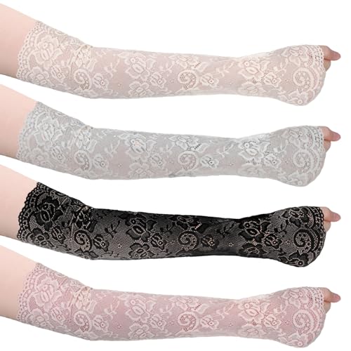 4 Pairs Women Lace Arm Sleeves, Floral Hollow Arms Cover Warmer Elegant Long Floral Lace Fingerless Gloves Elbow Length Arm Sleeves for Tea Party, Elbow Length Laces Sleeve to Cover Arms for Women