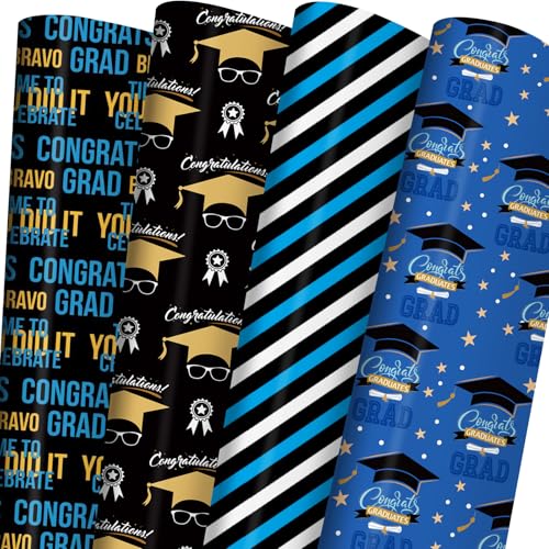 Cuitpan Graduation Wrapping Paper - Gift Wrap for High School & College Graduation 2025,Black Caps,Blue Stripes,Laurel Wreath,Medals Designs,Perfect for Parties Gifts - 8 Sheets, 20 x 29 Inches - color: Blue-Graduation