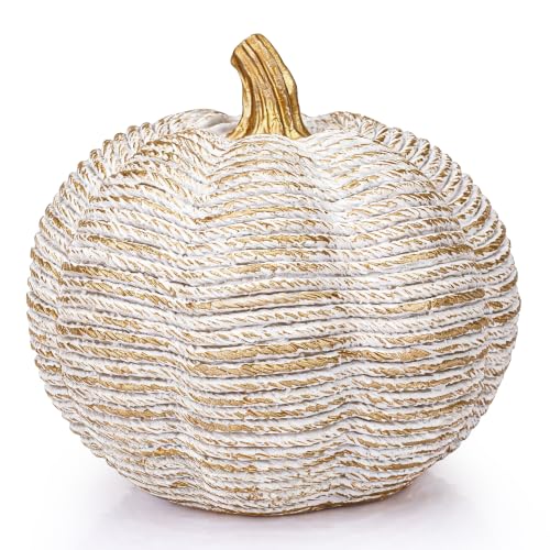 3.5Inch Artificial Pumpkin Decor,Resin Pumpkin Fall Home Decoration - color: Resin Pumpkin-bwhite & Gold