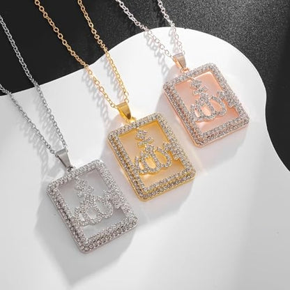 Exquisite Shiny Islamic Flame Allah Scripture Pendant Necklace, Women's Religious Amulet Elegant Jewelry Ramadan Gift - color: Rose gold