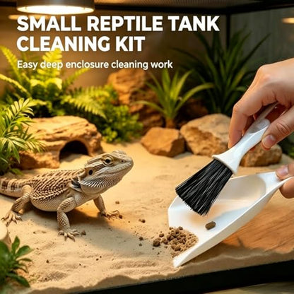 Bearded Dragon Tank Cleaning Kit, Reptile Enclosure Cleaning Set with Mini Dustpan, Brush, Scraper & Cleaning Cloth, Small Reptile Cleaning Accessories for Lizard, Gecko, Hedgehog Glass Terrarium