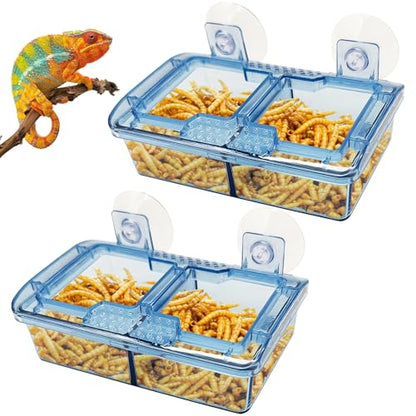 Hamiledyi Transparent Reptile Feeder with Suction Cup Separated Double Compartments Chameleon Bowl Gecko Live Worm Feeder Anti-Escape Reptile Supplies for Lizard Bearded Dragon (Blue, 2 Pcs) - color: Blue