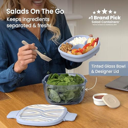Bentgo Glass Prints Salad Container - 7.6-Cup Tinted Glass Salad Bowl with Airtight Lid, Leak-Proof Sauce Container, 4-Compartment Bento Meal Prep Tray & Reusable Fork (Wildly Chic - Soft Blue) - color: Wildly Chic - Soft Blue