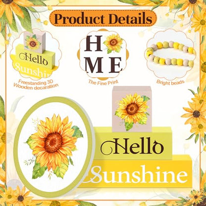 Yousoontic 7 Pcs Summer Party Sunflower Tiered Tray Decor Set, Rustic Farmhouse Wooden Table Decorations with Honey Bee Accents and Bead Garland for Kitchen, Tabletop, Mantel, Housewarming Gift - style: Sunflower