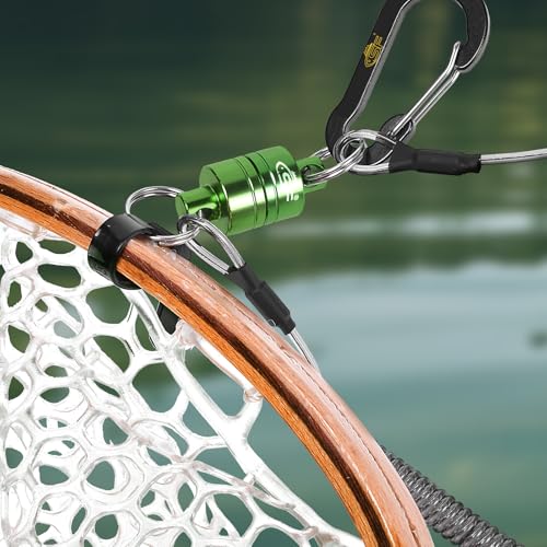 SF Strongest Magnetic Net Release Magnetic Keychain Fly Fishing Net Retractor Magnet Clip Holder Retractor with Retractable Coiled Lanyard Carabiner - color: Green Magnet+ Black Aluminum Alloy Hook