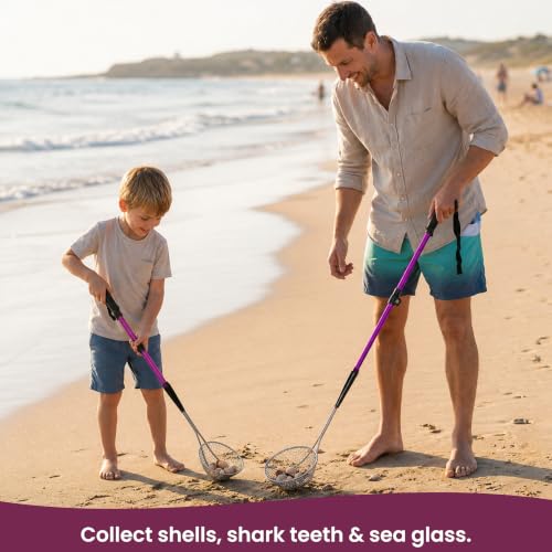 VOS Sand Sifter 2-Pack | Adjustable Handle 21"–33" | Stainless Steel Beach Scoop for Seashells, Shark Teeth & Sea Glass | Lightweight Aluminium, Rust-Resistant – Pink - color: Pink