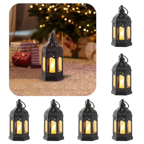 Mini Black Lanterns with LED Candles, Set of 6 for Centerpieces - color: Black