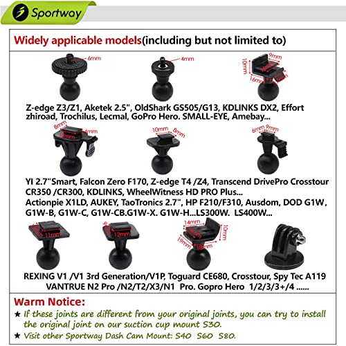 Sportway S30 Dash Cam Suction Mount (2nd Gen) with 10pcs Joints for REXING,Z-Edge,Old Shark,YI,KDLINKS,Falcon Zero,Transcend,Crosstour,VANTRUE,GoPro Hero and Most Other Dash Cameras DVR GPS