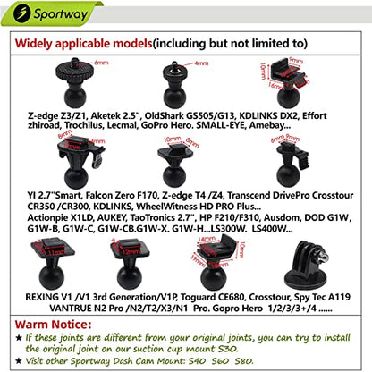 Sportway S30 Dash Cam Suction Mount (2nd Gen) with 10pcs Joints for REXING,Z-Edge,Old Shark,YI,KDLINKS,Falcon Zero,Transcend,Crosstour,VANTRUE,GoPro Hero and Most Other Dash Cameras DVR GPS