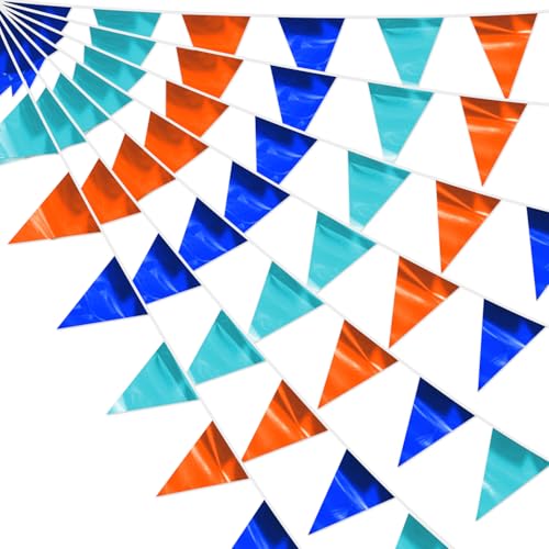 4P Blue LightBlue Orange Party Decorations - Metallic Fabric Triangle Pennant Banner Flags - Indoor/Outdoor Bunting Garland for Birthday, Wedding, Graduation & Theme Parties - color: Bule Lightblue Orange
