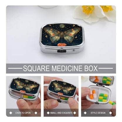 Metal 2 Compartment Pill Organizer Travel Friendly Portable Compact Pill Box Cute Pill Case to Hold Vitamins,Fish Oil,Supplements,Meds,Tablet for Purse,Pocket. (Butterflies in the Night) - color: Butterflies in the Night