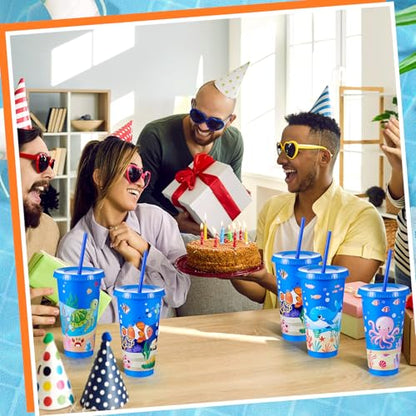 Chuangdi 12 Pcs Under The Sea Party Cups 24 oz Reusable Plastic Tumblers with Lids and Straws Themed Drinking Cups for Birthday Decorations Ocean Sea Party Favors Supplies Gifts - style: Sea