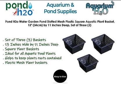 Pond H2o Square Plastic Mesh Plant Baskets for Large Aquatic Pond Plants, Planter Box Root Control Pots for Water Gardens, Aquaponics, Hydroponics 13 Inch (34cm) Wide, Value Pack of Three (3)