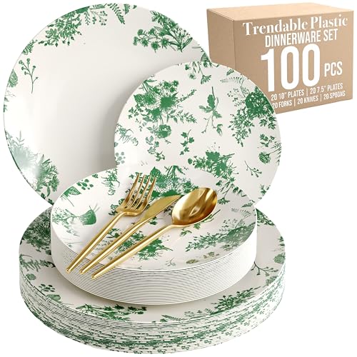 Trendables Fancy Plastic Dinnerware Sets 100 Pc Set 20 Guests Gold Silverware Disposable 20 X 10 Inch Charger Plates 20 X 8 Inch Dessert Plates 20 x Gold Plastic Forks and Spoons Knives In Verdure - color: Verdure