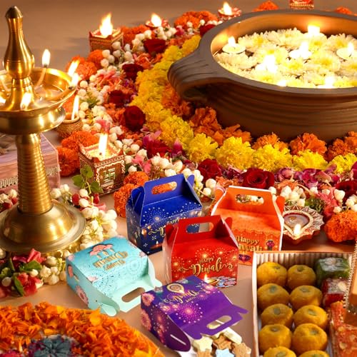 Kolldenn 24 Pcs Happy Diwali Party Favor Gift Boxes, Diwali Treat Boxes Indian Festival of Lights Gifts Gable Boxes Goodie Candy Snack Sugar Chocolate Gift Boxes for Party Decorations