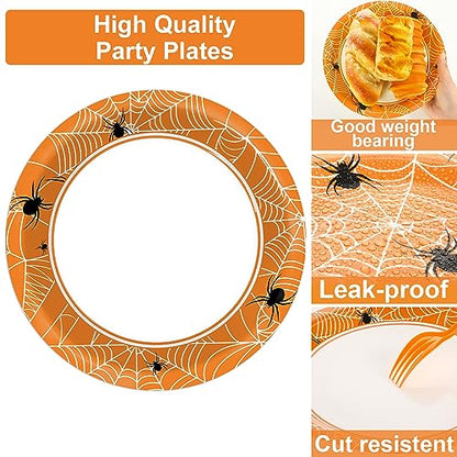 100 Pcs Spiderweb Party Plates and Napkins - Black and White Halloween Tableware Set for 25 Guests - style: Halloween Spider Web