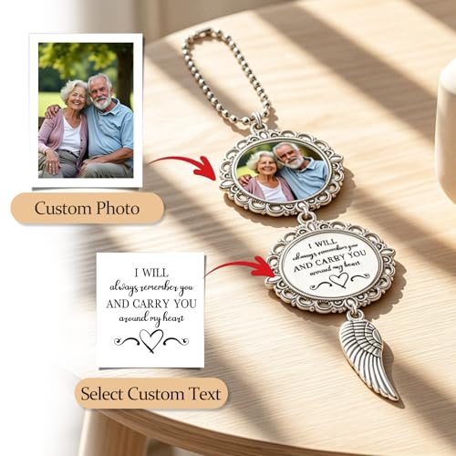 KDY Custom Car Rearview Mirror Accessories - Car Mirror Hanging Accessories with Photo & Text, Personalized Memorial Gift for Loss of Loved Ones (Wing)