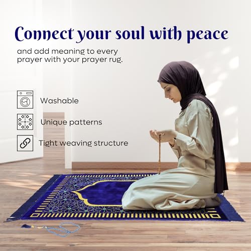 Muslim Prayer Rug, Soft Plush Thin Islamic Prayer Mat, Janamaz, Sajada, Praying Carpet, Islamic Gift, Foldable Portable Turkish Prayer Mat for Men&Women, Lightweight Travel Prayer Rug, 26"x43" - color: Riyadh / Navy