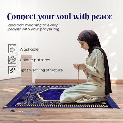 Muslim Prayer Rug, Soft Plush Thin Islamic Prayer Mat, Janamaz, Sajada, Praying Carpet, Islamic Gift, Foldable Portable Turkish Prayer Mat for Men&Women, Lightweight Travel Prayer Rug, 26"x43" - color: Riyadh / Navy