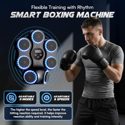 Music Boxing Machine with Gloves, Wall Mounted Punching Trainer with LED Light Up Targets, Bluetooth Rhythm Reaction Training Pad, 11 Modes & 9 Speeds for Adults & Kids Home Fitness & Stress Relief