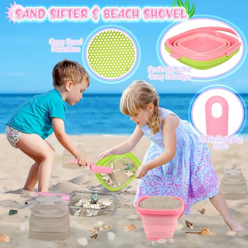 FHOZGECY Beachcombing Treasure Kit with 2 Sifters for Family Beach Vacation | Collapsible Bucket, Stainless Mesh Shovel, Shark Tooth Sifter, Scoop and Mesh Bag for Shelling, Outdoor Play for Kids 3-12