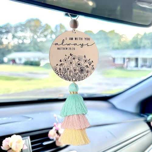 Christian Car Charm Gifts for Women Men, I am with You Always Rear View Mirror Hanger with Tassel Religious Car Hanging Ornament Accessories(Green) - color: Green