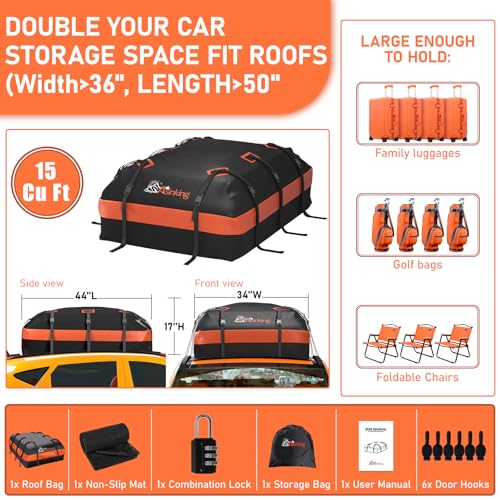 Car Roof Bag Rooftop top Cargo Carrier Bag 15 Cubic feet Waterproof for All Cars with/Without Rack, Includes Anti-Slip Mat, 10 Reinforced Straps, 6 Door Hooks, Luggage Lock - size: 15 Cubic Feet