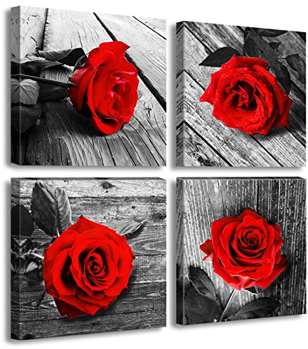 Red Rose Canvas Wall Art Decor,12x12inX4 Black White Red Romantic Gift | Solid wood frame; Hooks pre-installed; Vintage wood backdrop; Vivid red rose; Scratch & fade resistant; Wipe clean - color: Red rose-4p