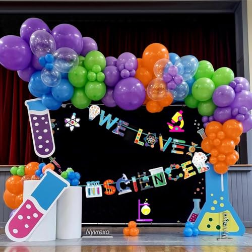 141Pcs Science Fair Balloon Arch Garland Kit for Lab Week - color: Dark Blue, Light Green, Light Purple, Orange