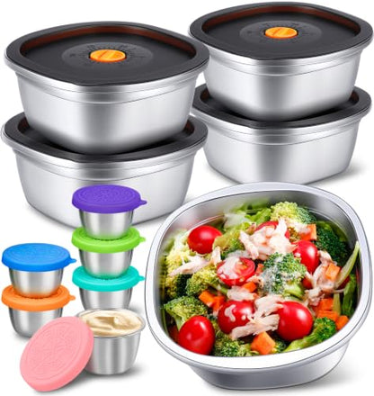 11-Piece Stainless Steel Salad Bowl Set, 5 Bowls (50 oz) & 6 Dressing Cups - size: 5 Sets
