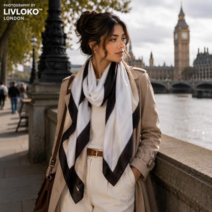 LONDON Women’s Satin Silky Scarf Gift Box Large Lightweight Silky Smooth Shawl Wrap for Hair, Head, Neck or Hijab - color: Gold Black - Box
