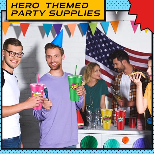 Chuangdi 12 Pcs Hero Cups 24 oz Plastic Reusable Tumblers with Lids and Straws Themed Drinking Cups for Birthday Decorations Party Favors Supplies Gifts - style: Hero