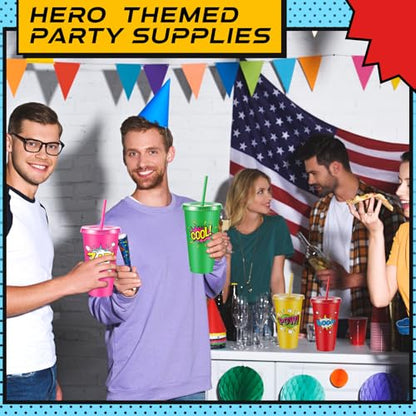 Chuangdi 12 Pcs Hero Cups 24 oz Plastic Reusable Tumblers with Lids and Straws Themed Drinking Cups for Birthday Decorations Party Favors Supplies Gifts - style: Hero