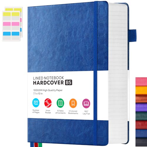 Leather Lined Notebook Journal, 320 Pages Hardcover Notebook Journals for Writing Women & Men, B5 (7.1'' X 10'') College Ruled Notebook with 100GSM Thick Paper for School Work Organization, Dark Blue - color: 1.Blue, size: B5