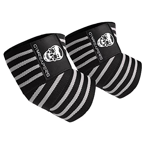 Gymreapers Weightlifting Elbow Wraps (1 Pair) - Flexible 40'' Elbow Compression Strap & Joint Support Brace - for Bench Press, Powerlifting, and Pressing - color: White