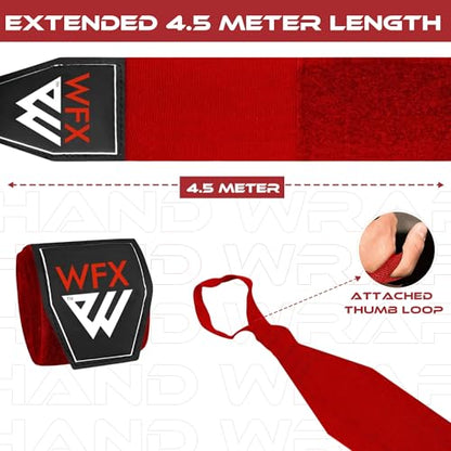 WFX Boxing Hand Wraps 3.5 4.5 Meter Martial Arts Bandages Inner Gloves Wrist Support Straps Punching Under Hand Knuckles Heavy Elasticated Training Bag Mitts Muay Thai - color: Red, size: 4.5 M