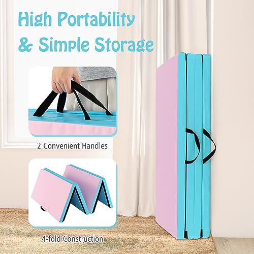 GYMAX Gymnastics Mat, 4 FT x 8 FT x 2 Inches Folding Exercise Mat w/Carry Handles & Sturdy Stitching Waterproof Cover, Tumbling Mat for Yoga Stretching Martial Arts Home Gym - color: Pink & Blue