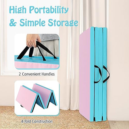 GYMAX Gymnastics Mat, 4 FT x 8 FT x 2 Inches Folding Exercise Mat w/Carry Handles & Sturdy Stitching Waterproof Cover, Tumbling Mat for Yoga Stretching Martial Arts Home Gym - color: Pink & Blue