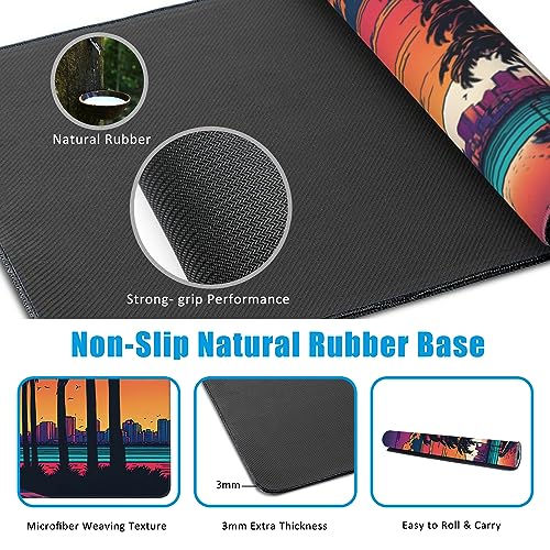 Mouse Pad,Orange Purple Miami Landscape Desk Mat for Desktop,Desk Pad with Non-Slip Base and Stitched Edge,Extended Mousepad for Office and Home 35.4X15.7 Inch - color: Miami Landscape