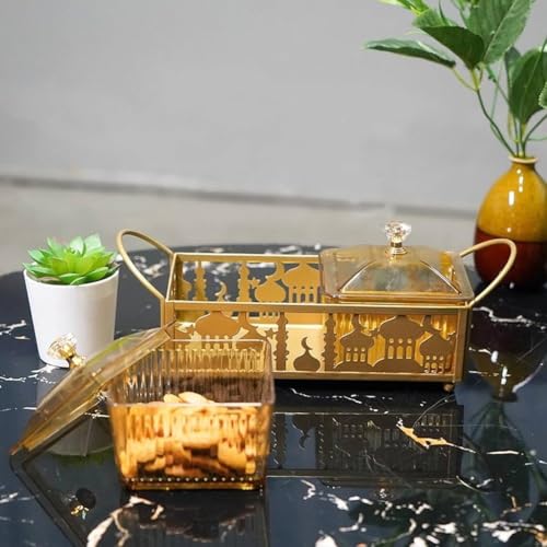 Ramadan Trays with Lid Metal Gold Eid Mubarak Serving Tray Ramadan Decorations Eid Party Food Storage Container for Cookie Candy Pastry Dessert - size: Small