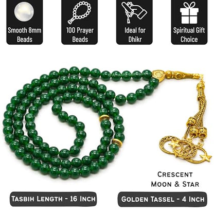 Amazing Gemstone Crystal Tasbeeh with Moon and Star Charm - Certified Crystal Muslim Prayer Beads Natural Gemstone Tasbih Gift for Ramadan Dhikr and Daily Namaz (G) - color: Green Jade (dye)