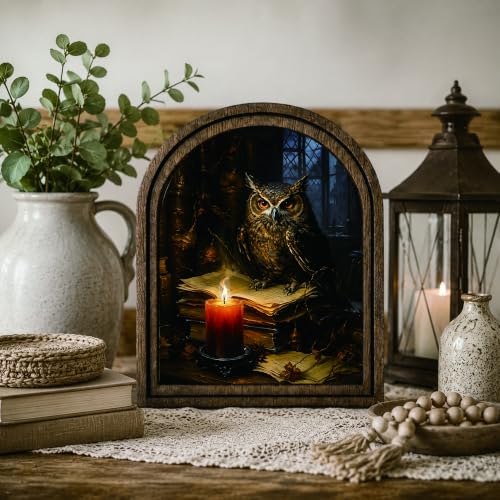 Owl Candle Arched Table Sign, Gothic Rustic Farmhouse Decor - color: Owl Candle Library