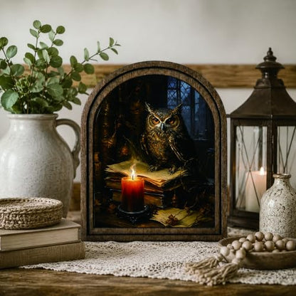 Owl Candle Arched Table Sign, Gothic Rustic Farmhouse Decor - color: Owl Candle Library