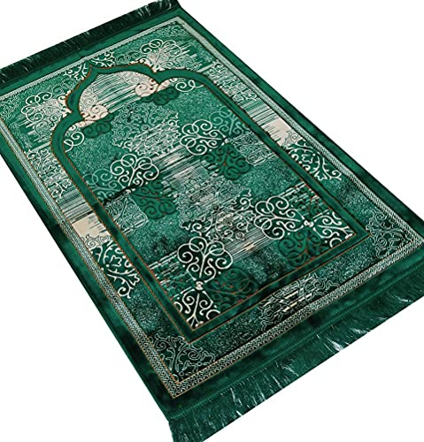 Modefa Prayer Mat | Turkish Velvet Muslim Prayer Rug Muslim Prayer Mat Islam | Soft Beautiful Prayer Rug Janamaz Sajjadah with Car Hanger | Classic Elegant Swirl (Green) - color: Green