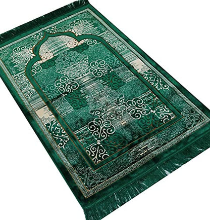 Modefa Prayer Mat | Turkish Velvet Muslim Prayer Rug Muslim Prayer Mat Islam | Soft Beautiful Prayer Rug Janamaz Sajjadah with Car Hanger | Classic Elegant Swirl (Green) - color: Green