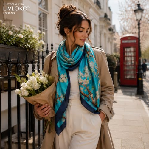 LONDON Women’s Satin Silky Scarf Gift Box Large Lightweight Silky Smooth Shawl Wrap for Hair, Head, Neck or Hijab - color: Almond Blossom - Box