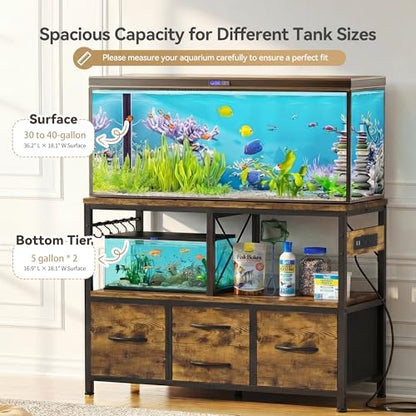 Heybly 30-40 Gallon Fish Tank Stand, Aquarium Stand with Drawer, Power Outlet, Heavy Duty Metal Frame, for Fish Tank, Turtle & Reptile Terrarium, 36.2" L × 18.1" Top, 660lbs (Top)+330lbs(Mid), Rustic Brown HAS004SR - color: Rustic Brown, size: 40 gal