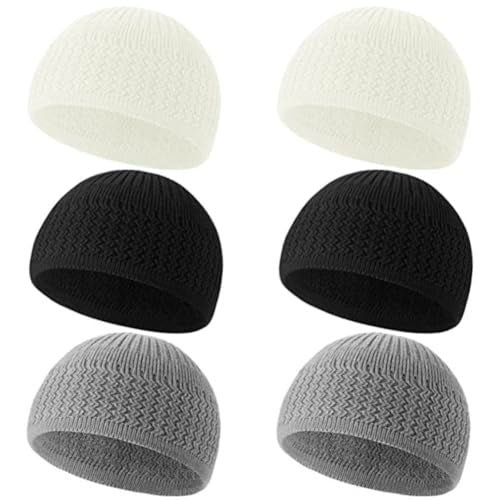 6 Pcs Knit Kufi Hats for Men Women Muslim Stretchy Skull Caps Cotton Helmet Liner Breathable Crochet Beanie Hat - color: Black, White, Light Gray