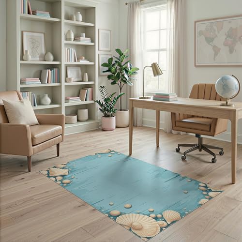 4'x6' Washable Contemporary Seashell Area Rug, Turquoise Flatwoven Floor Mat Non-Slip Chair-Friendly Carpet for Home Office, Gaming Room, Under Desk | Ref:1952584 - color: Blue/Pattern 49, size: 4' x 6' (Rectangular)